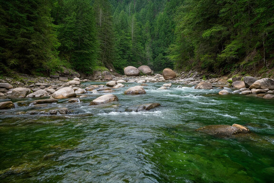 A clear river seam curling around dark stones beneath a soft morning sky, prepared for the Georgia trout fishing field note