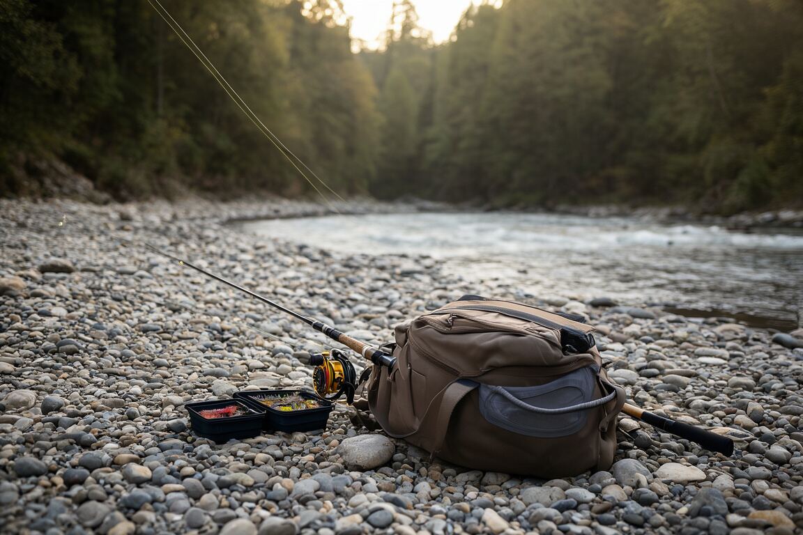 Wading boots, a rod tube, and a compact pack resting beside moving water, prepared for the fly fishing gear field note