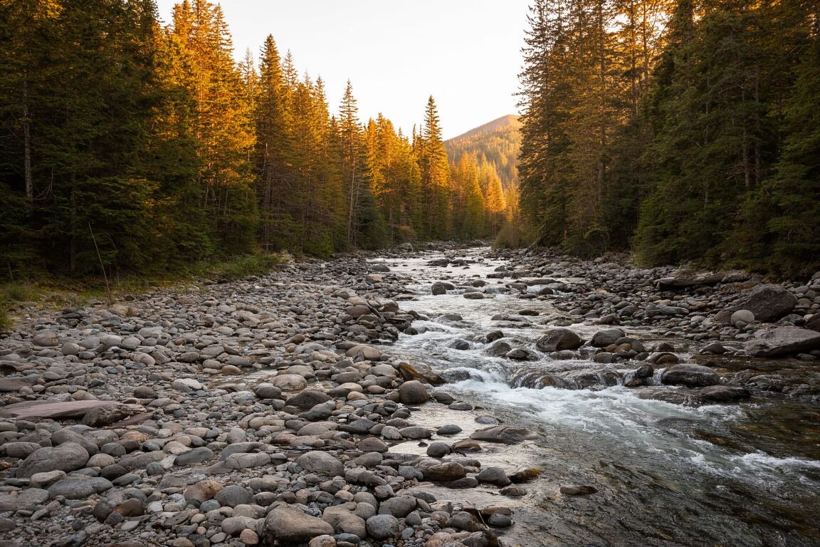 A clear river seam curling around dark stones beneath a soft morning sky, prepared for the fly fishing field note