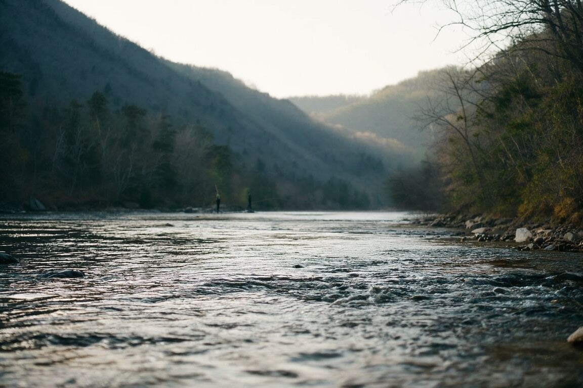 A weathered field notebook open beside a rod and a bright strip of current, prepared for the East Tennessee fly fishing field note