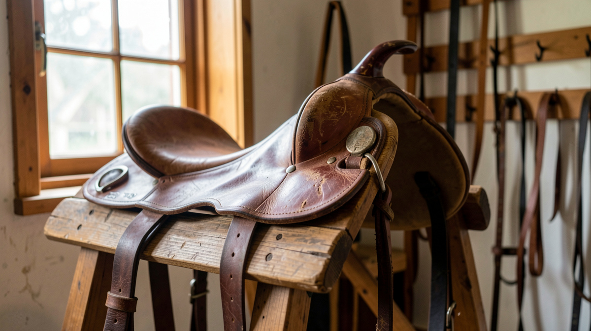 A leather saddle resting on a wooden rack in a tack room, morning light through a small window, close framing on the stirrup and worn leather.
