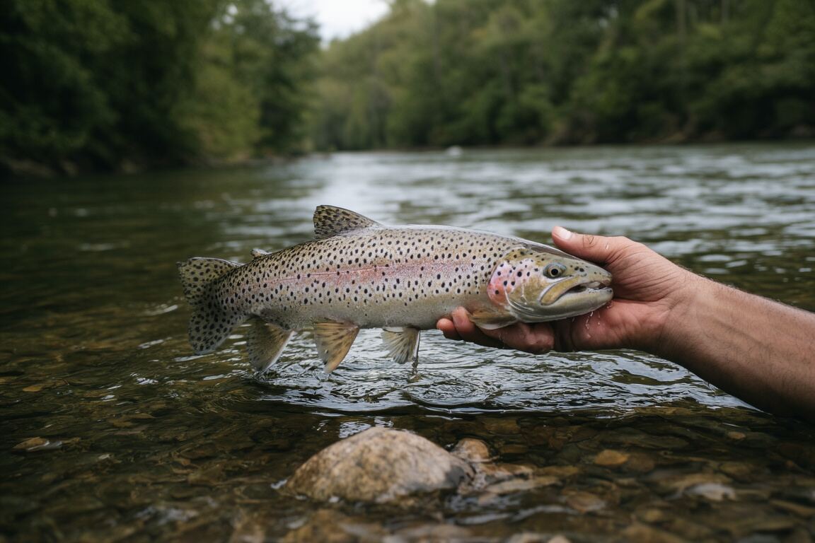 A clear river seam curling around dark stones beneath a soft morning sky, prepared for the Toccoa River trout fishing field note