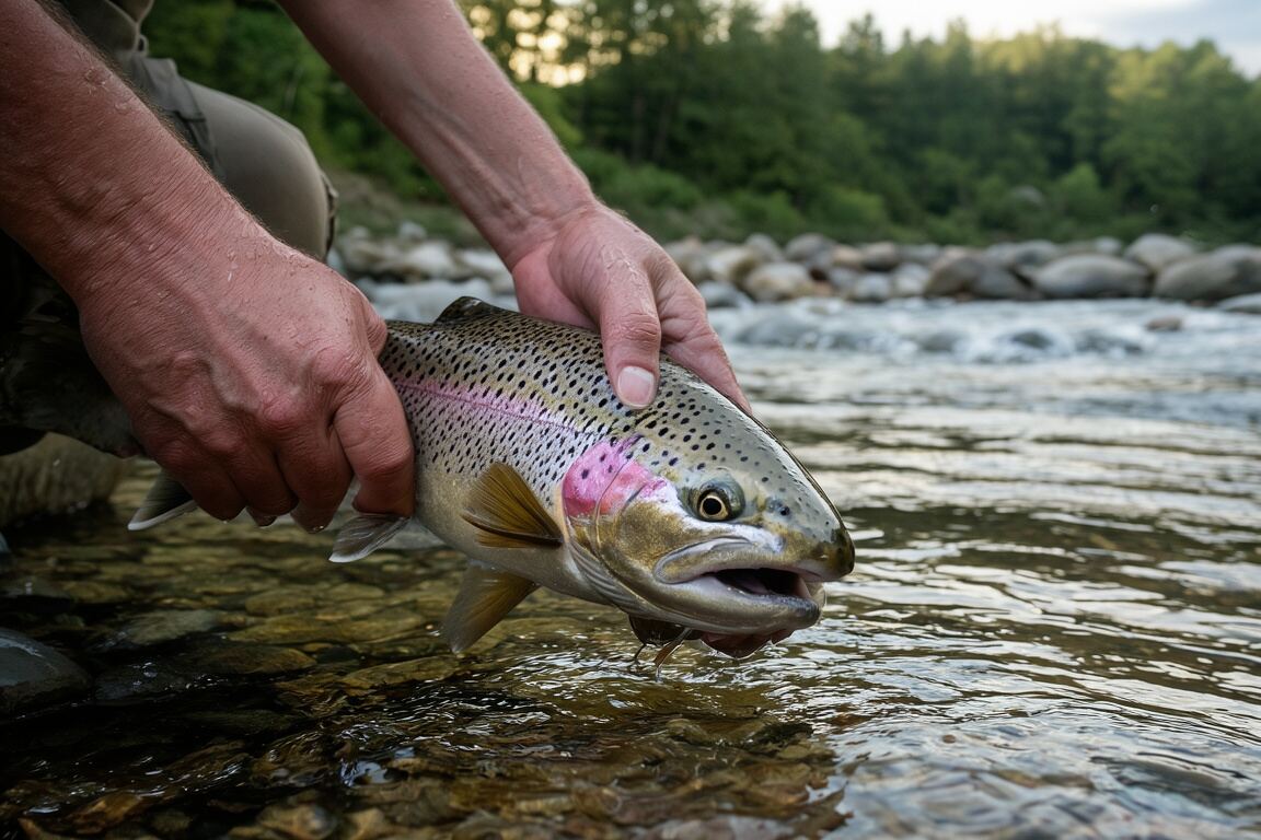 A fly line drawing a clean loop above a shaded run and pale gravel edge, prepared for the Toccoa River trout fishing field note