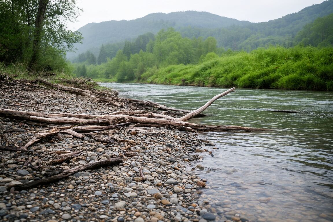 A fly line drawing a clean loop above a shaded run and pale gravel edge, prepared for the Toccoa River conservation field note