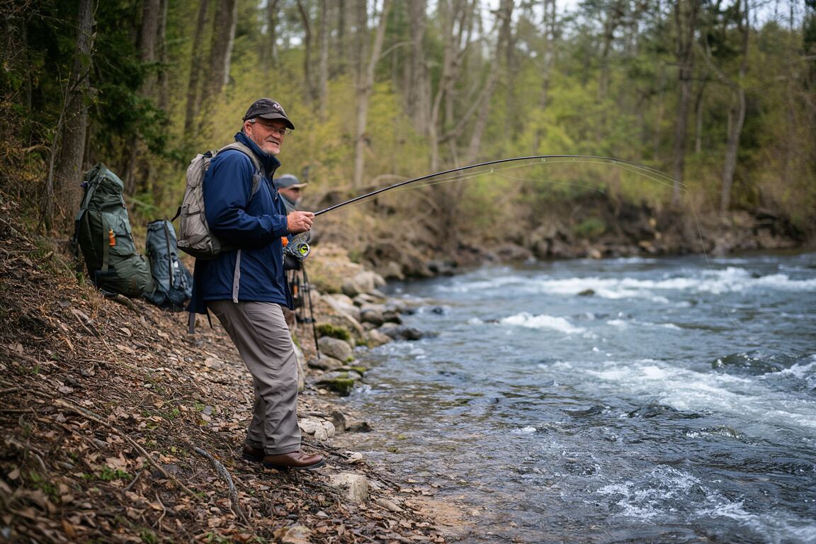 Wading boots, a rod tube, and a compact pack resting beside moving water, prepared for the Toccoa River fly fishing field note