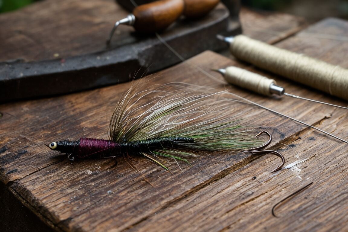 Wading boots, a rod tube, and a compact pack resting beside moving water, prepared for the shad fly pattern field note