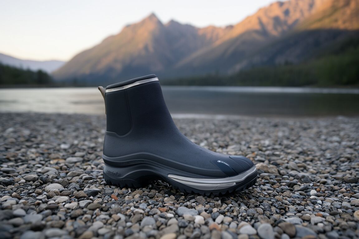 A quiet gravel access road leading toward a wooded river bend at low light, prepared for the fly fishing wading boots field note