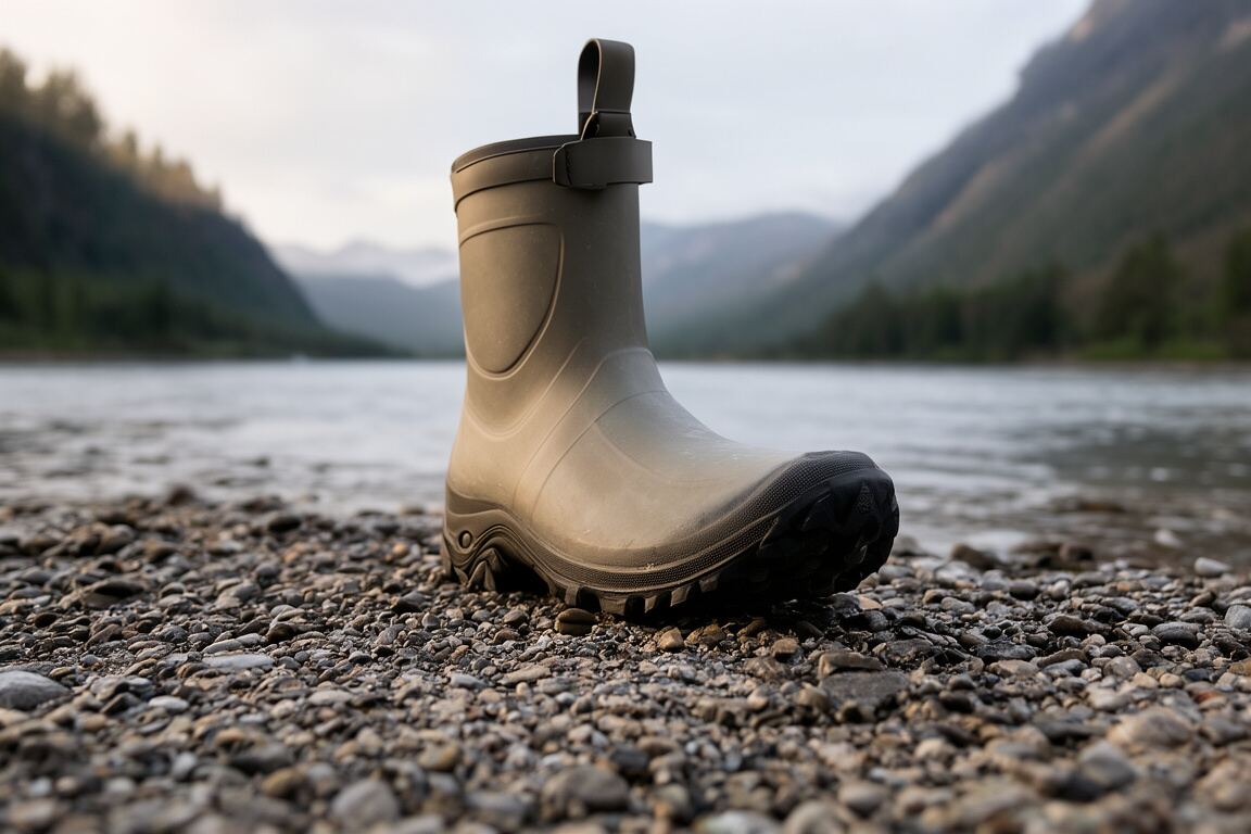 A weathered field notebook open beside a rod and a bright strip of current, prepared for the fly fishing wading boots field note