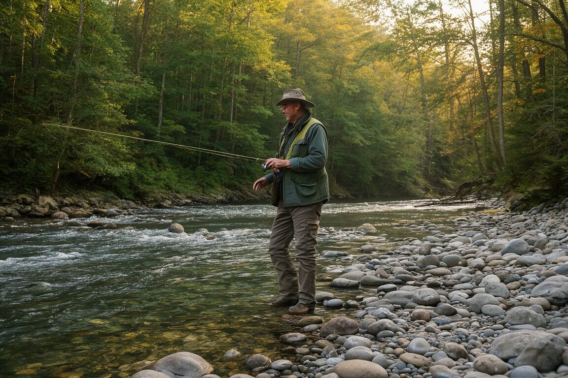A fly angler stands beside a clear Appalachian river bordered by forest and rounded stones